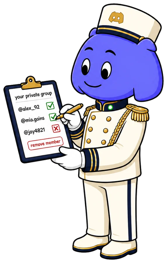 Greetster, a friendly doorman bot in an ivory uniform, checking paid members off a clipboard